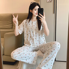 批发新宝春21春季短袖长裤<b class='q'>开衫</b>花边睡衣女休闲简约舒适6535棉家居服