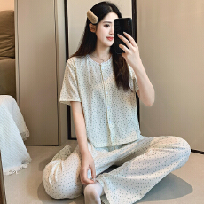 批发新宝春21春季短袖长裤<b class='q'>开衫</b>花边睡衣女休闲简约舒适6535棉家居服