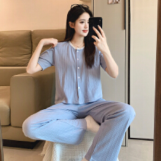 批发新宝春21春季短袖长裤<b class='q'>开衫</b>花边睡衣女休闲简约舒适6535棉家居服