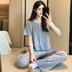 批发新宝春21春季短袖长裤<b class='q'>开衫</b>花边睡衣女休闲简约舒适6535棉家居服