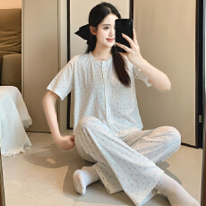 批发新宝春21春季短袖长裤<b class='q'>开衫</b>花边睡衣女休闲简约舒适6535棉家居服