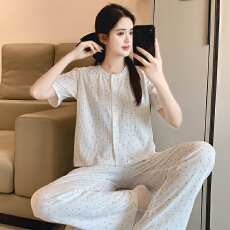 批发新宝春21春季短袖长裤<b class='q'>开衫</b>花边睡衣女休闲简约舒适6535棉家居服