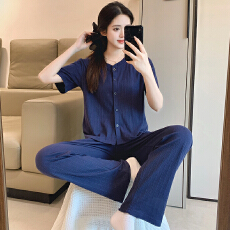 批发新宝春21春季短袖长裤<b class='q'>开衫</b>花边睡衣女休闲简约舒适6535棉家居服