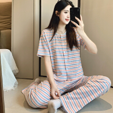 批发新宝春21春季短袖长裤<b class='q'>开衫</b>花边睡衣女休闲简约舒适6535棉家居服