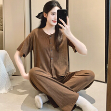 批发新宝春21春季短袖长裤<b class='q'>开衫</b>花边睡衣女休闲简约舒适6535棉家居服