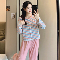 批发新宝春22春季长袖长裤<b class='q'>开衫</b>花边睡衣女休闲简约舒适6535棉家居服