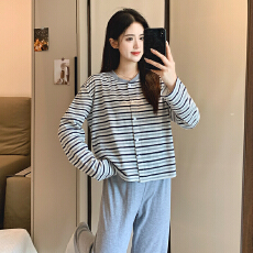 批发新宝春22春季长袖长裤<b class='q'>开衫</b>花边睡衣女休闲简约舒适6535棉家居服