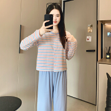 批发新宝春22春季长袖长裤<b class='q'>开衫</b>花边睡衣女休闲简约舒适6535棉家居服