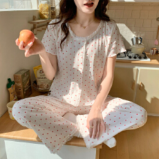 批发新宝（春23春季短袖长裤<b class='q'>开衫</b>花边睡衣女休闲简约舒适6535棉家居服