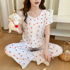 批发新宝春23春季短袖长裤<b class='q'>开衫</b>花边睡衣女休闲简约舒适6535棉家居服