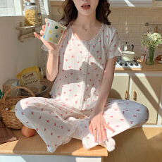 批发新宝春23春季短袖长裤<b class='q'>开衫</b>花边睡衣女休闲简约舒适6535棉家居服