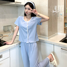 批发新宝春23春季短袖长裤<b class='q'>开衫</b>花边睡衣女休闲简约舒适6535棉家居服