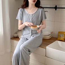 批发新宝春23春季短袖长裤<b class='q'>开衫</b>花边睡衣女休闲简约舒适6535棉家居服