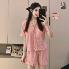 批发新宝夏2睡衣女夏季6535棉可外穿短袖简约花边<b class='q'>开衫</b>薄款家居服