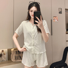 批发新宝夏2睡衣女夏季6535棉可外穿短袖简约花边<b class='q'>开衫</b>薄款家居服