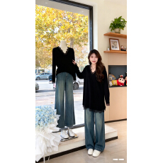 批发大码女装黑色蕾丝V领<b class='q'>针织衫</b>女秋冬宽松显瘦<b class='q'>中长款</b>遮肉长袖上衣