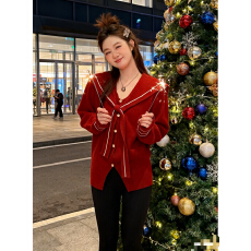 批发2025秋冬新款酒红色海军领针织开衫女复古学院风系带毛衣新年上衣