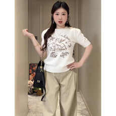 批发<b class='q'>大码</b>胖mm重工刺绣小马图案针织短袖T恤女春夏纯欲风显瘦正肩上衣
