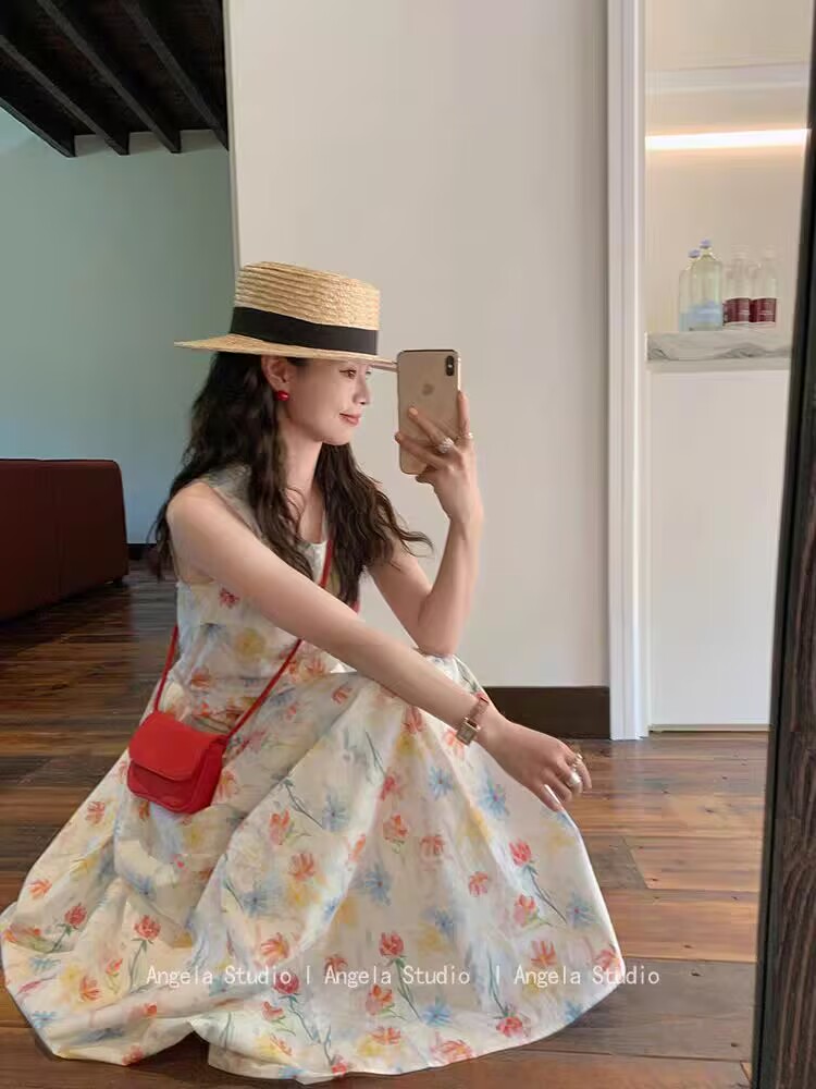 angela studio 캐주얼 휴가 바람 색상 색 후광 염색 꽃 여성 드레스 허리 수축 슬림해 보이는 조끼 롱 스커트