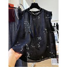 批发韩系减龄复古印花木耳边<b class='q'>小</b>飞袖蝴蝶结外穿马甲背心女夏季气质小衫