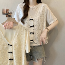 批发实拍春夏韩系感钩花镂空V领<b class='q'>针织</b><b class='q'>开衫</b>马甲女叠穿<b class='q'>大码</b>女装显瘦套装