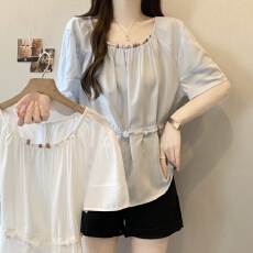 实拍浅蓝色串珠圆领正肩短袖衬衫女2026夏大码胖mm娃娃衫收腰上衣