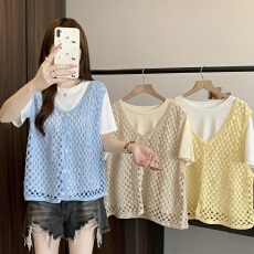 批发实拍韩系镂空坎肩<b class='q'>针织</b><b class='q'>开衫</b>女2026夏季超好看叠穿短袖打底衫两件套