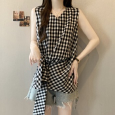 批发实拍韩系复古格子扭结棉麻圆领无袖上衣<b class='q'>女</b>夏高级感气质背心衬衫