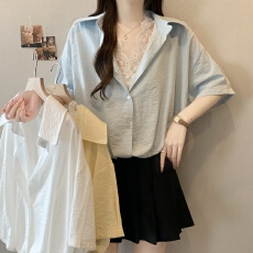 批发实拍韩系蕾丝拼接假两件短袖<b class='q'>衬衫</b>女2026夏新款大码胖mm短款上衣