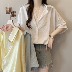 批发实拍白色蕾丝拼接假两件<b class='q'>衬衫</b>短袖2026夏季设计感小众减龄短款上衣