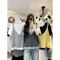 批发假两件短袖冰丝T恤打底衫女薄夏季2026大码胖mm显瘦减龄超火上衣