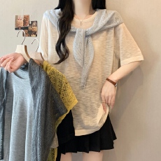 批发实拍<b class='q'>大码</b>女装简约休闲披肩叠穿针织短袖T恤2026夏宽松两件套上衣