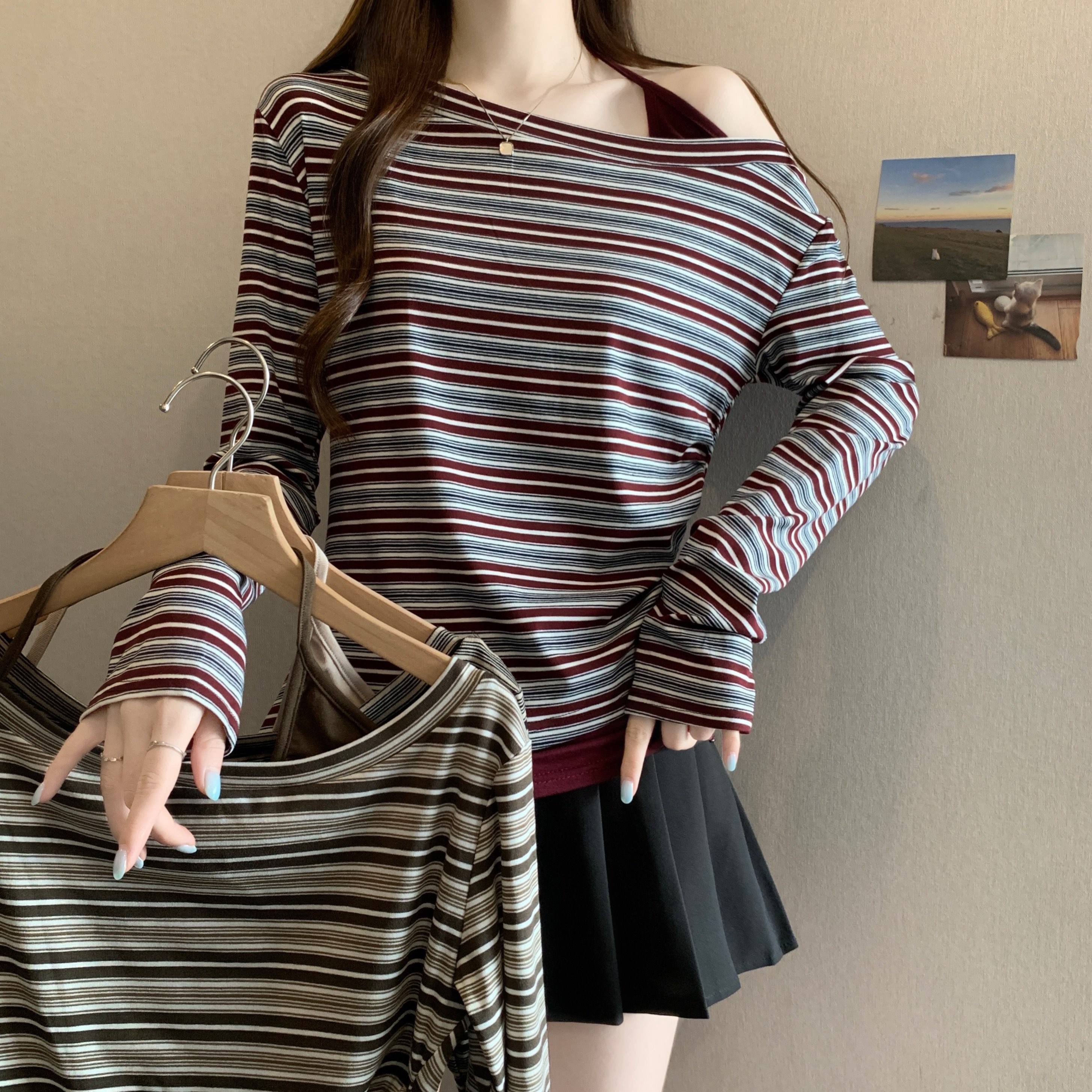 秋季新款韩版斜领露肩拼接假两件条纹长袖T恤百搭上衣女 服裝批發女裝批發服飾貨源