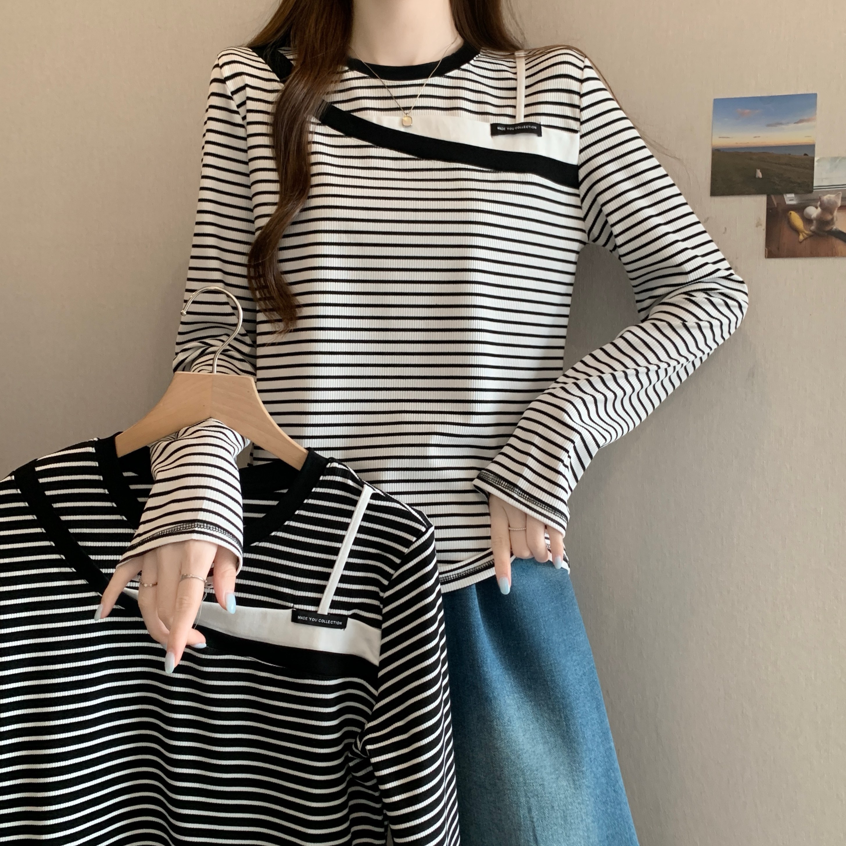 秋季新款设计感撞色条纹拼接假两件长袖T恤显瘦打底上衣 服裝批發女裝批發服飾貨源