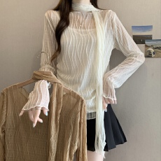 批发实拍长袖t恤<b class='q'>女</b>2026秋季新款法式假两件挂脖飘带修身上衣蕾丝小衫