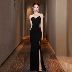 批发黑色吊带晚礼服女2025新款高级感高端轻奢小众<b class='q'>鱼尾</b>绝美订婚主持人