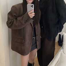 批发韩系复古美拉德色系西装领单排扣百搭通勤麂皮绒外套<b class='q'>西服</b>