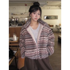 批发已出 加绒 韩国chic复古提花羊羔绒保暖棉服外套