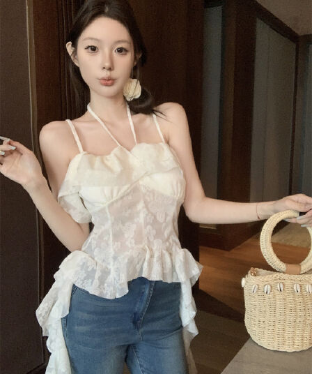 실사 정가 달콤한 핫걸 불규칙 프릴 레이스 캐미솔 오프숄더 닦아내 라. 가슴 안쪽 잡아라. 의류