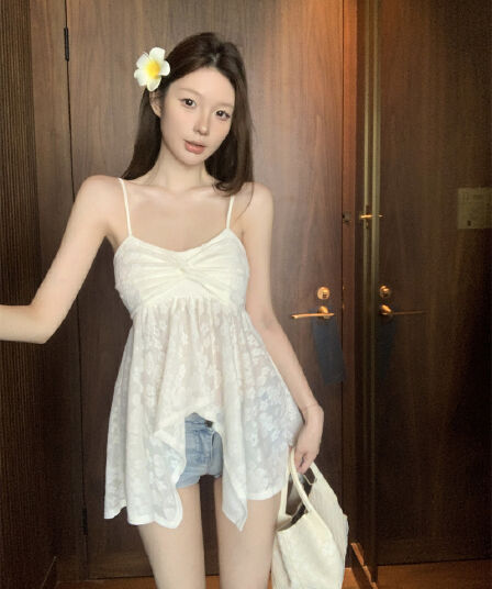 실사 정가 달콤한 핫걸 나비 비틀림 조끼 슬립 여성 여름 연령 감소 chic 몸매 가꾸기 슬림해 보이는 섹시함 맨위