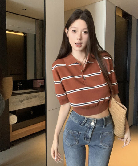실사 정가 miu 모카 소녀 세련된 모델 학생 학원 센스 스트라이프 배색 니트 POLO 셔츠