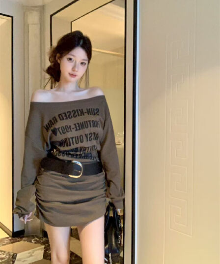 실사 정가 가을 새로운 한국 스타일 패션 한 부서 오프숄더 알파벳 프린트 여성 드레스 벨트 포함