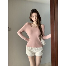 批发<b class='q'>实拍</b>不减价 纯欲修身长袖针织衫女装别致粉色毛衣内搭打底衫上衣