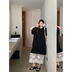 批发实拍实价  短袖T恤裙女法式蕾丝半裙叠穿宽松中长款连衣裙两件套