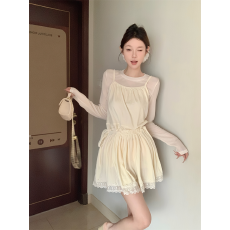 批发实拍不减价 设计感圆领打底衫+叠穿吊带蕾丝花边<b class='q'>丝绒</b>连衣裙<b class='q'>套装</b>