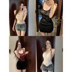 批发实拍不减价 纯欲风微透蕾丝U领无袖<b class='q'>打底</b>吊带背心辣妹连体衣带胸垫