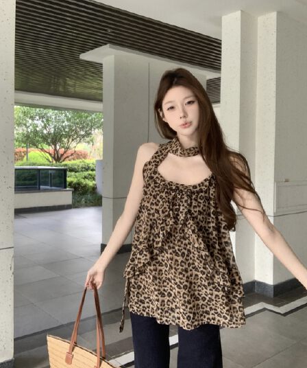 실사 아니요 가격 인하 레오파드 무늬 캐미솔 여름 디자인 센스 작은 대중 루즈핏 외출용 Chic 핫걸 슬림해 보이는 맨위