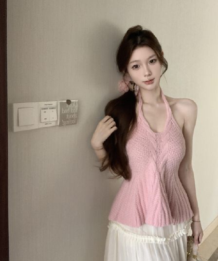 실사 아니요 가격 인하 핫걸 바람 섹시함 백리스 행침 목 캐미솔 여름 꽈배기 몸매 가꾸기 니트 맨위