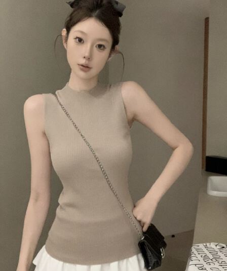 실사 정가 니트 캐미솔 봄 하프 스탠드 칼라 핫걸 아메리칸 섹시함 슬림해 보이는 맨위