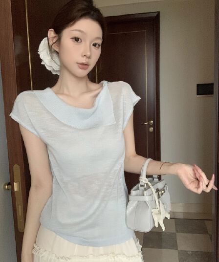 실사 아니요 가격 인하 한 부서 불규칙 칼라 단색 작은 날다 소매 짠 셔츠 여성 여름 새로운 부드러운 품격 맨위